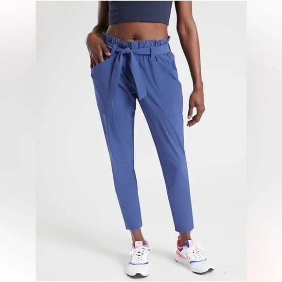 Athleta Skyline Pant Damask Blue Regular High Rise Paperbag Waist Tie Size 0 - Picture 1 of 5